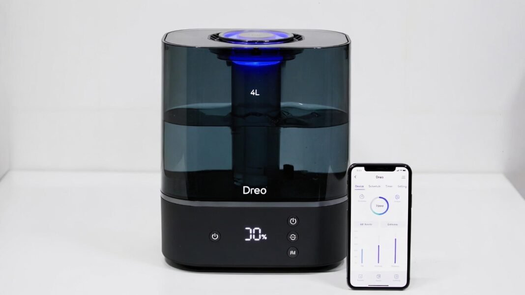 Dreo smart 4L top fill cool mist humidifier in black with blue illuminated water tank and digital humidity display, smartphone app control shown beside unit