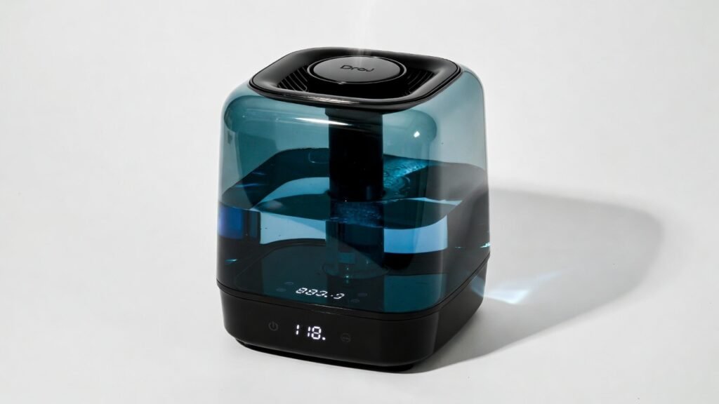 Black Dreo 4L smart cool mist humidifier with blue illuminated transparent water tank and digital humidity display, smartphone app control shown beside device