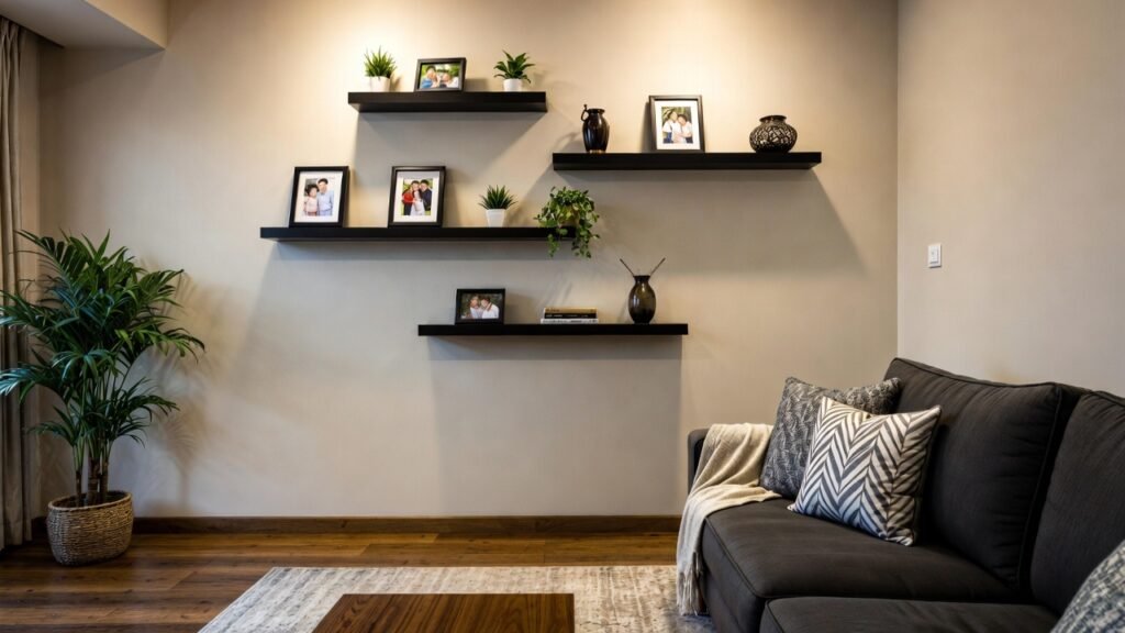 Gray floating shelves set of 6 mounted on modern wall