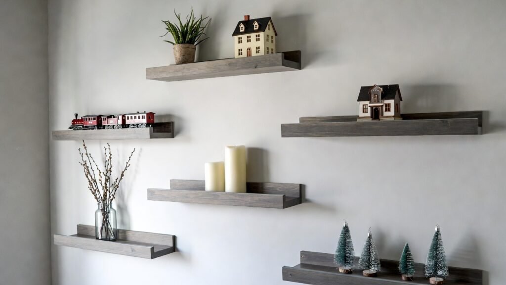 Upsimples brown floating wall shelves set of 6 mounted on wall for decor storage in living room bedroom kitchen and bathroom