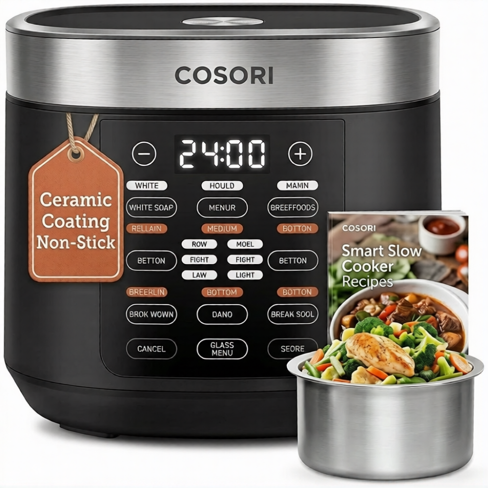 COSORI 10-cup rice cooker with non-stick ceramic inner pot and stainless steel steamer basket on kitchen counter