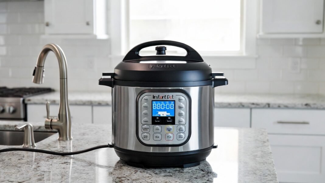Instant Pot Duo Plus 9 in 1 stainless steel multicooker on kitchen counter